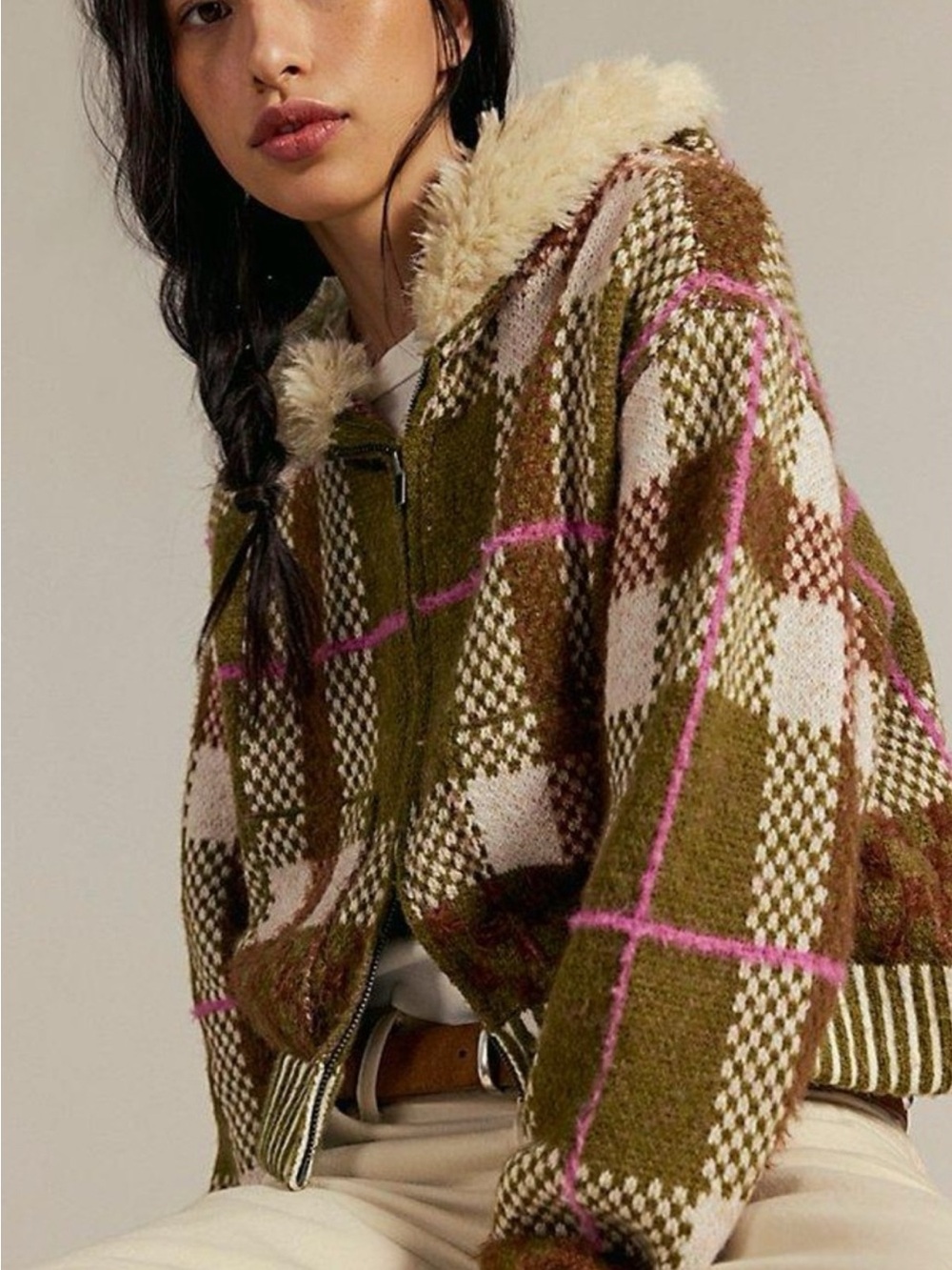 NWOT FREE PEOPLE NAMESAKE FAUX FUR HOODIE PLAID RETRO INSPIRED
